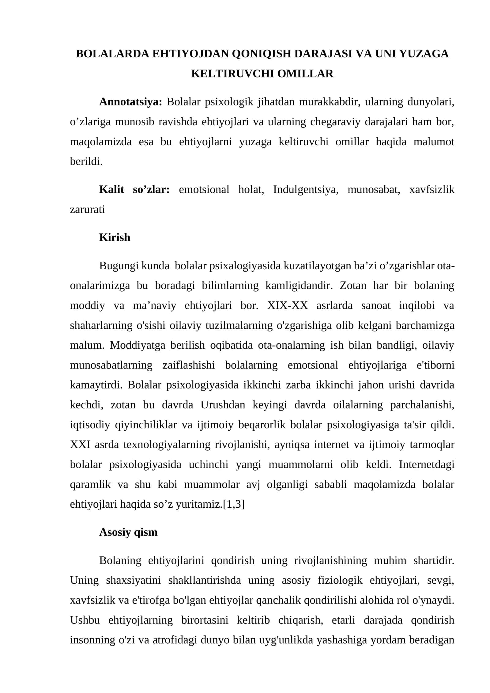 Bolalarda ehtiyojdan qoniqish darajasi va uni yuzaga keltiruvchi omillar