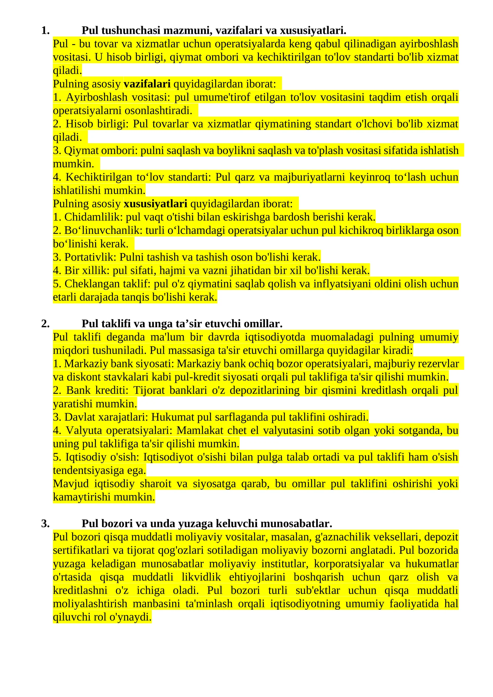 Pul tushunchasi mazmuni, vazifalari va xususiyatlari