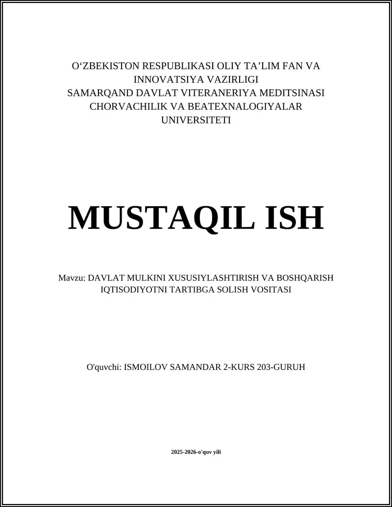 DAVLAT MULKINI XUSUSIYLASHTIRISH VA BOSHQARISH IQTISODIYOTNI TARTIBGA SOLISH VOSITASI