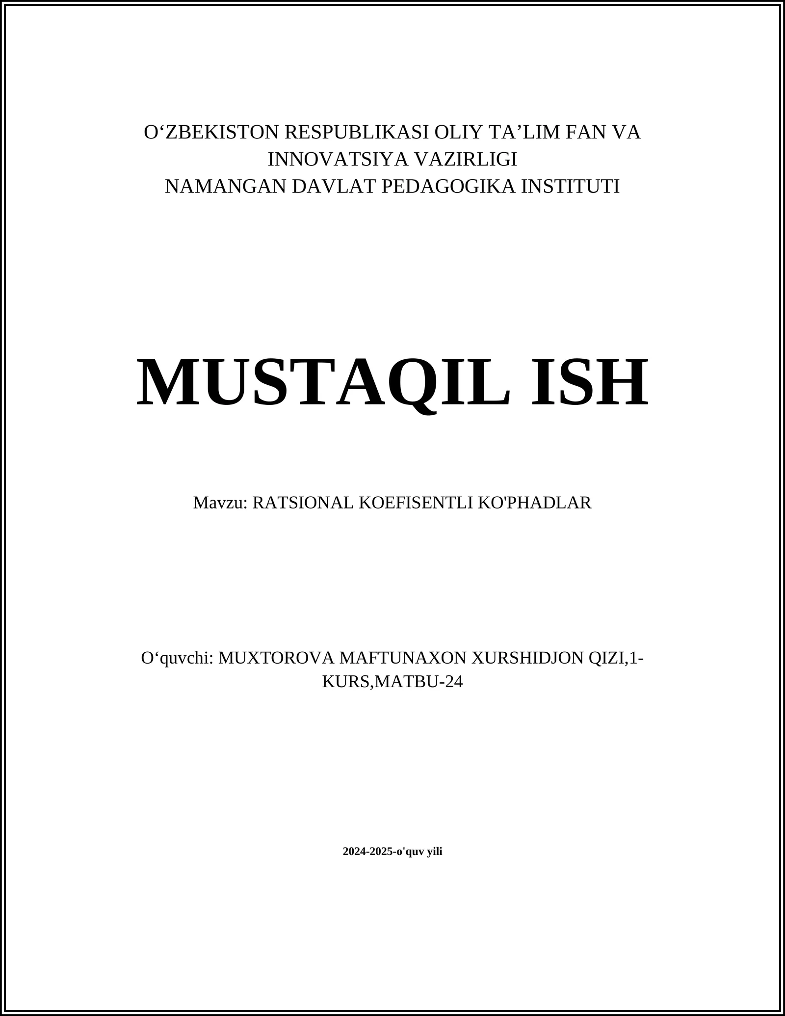 RATSIONAL KOEFISENTLI KO'PHADLAR