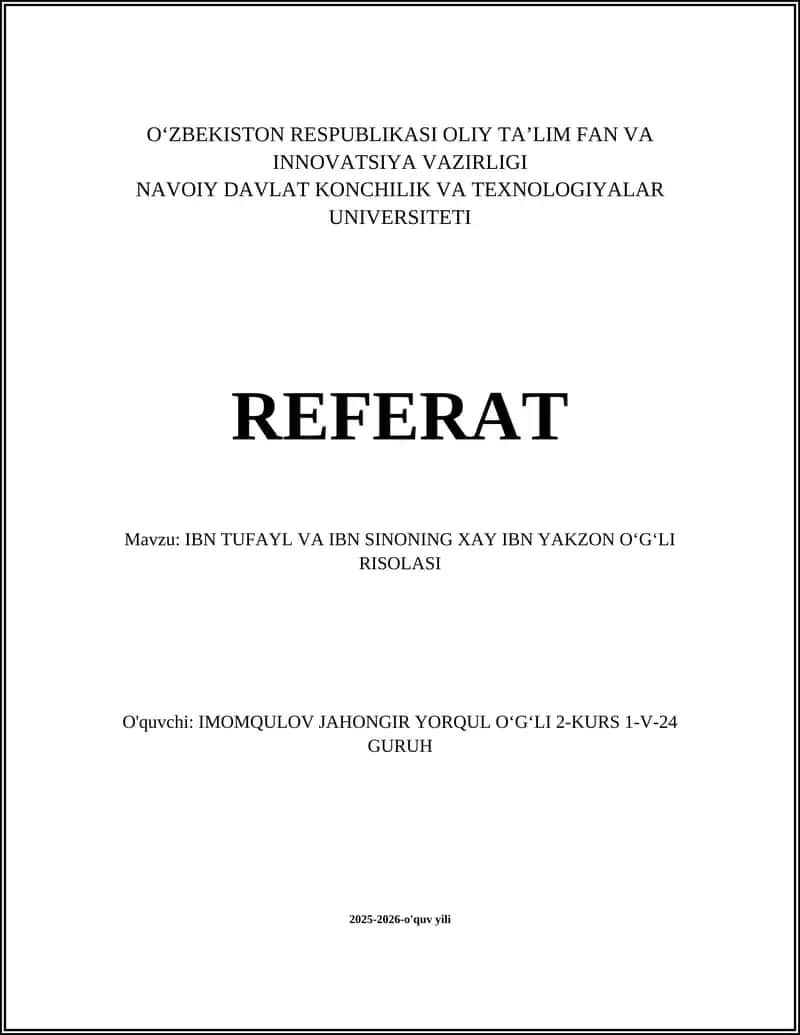 IBN TUFAYL VA IBN SINONING XAY IBN YAKZON OʻGʻLI RISOLASI