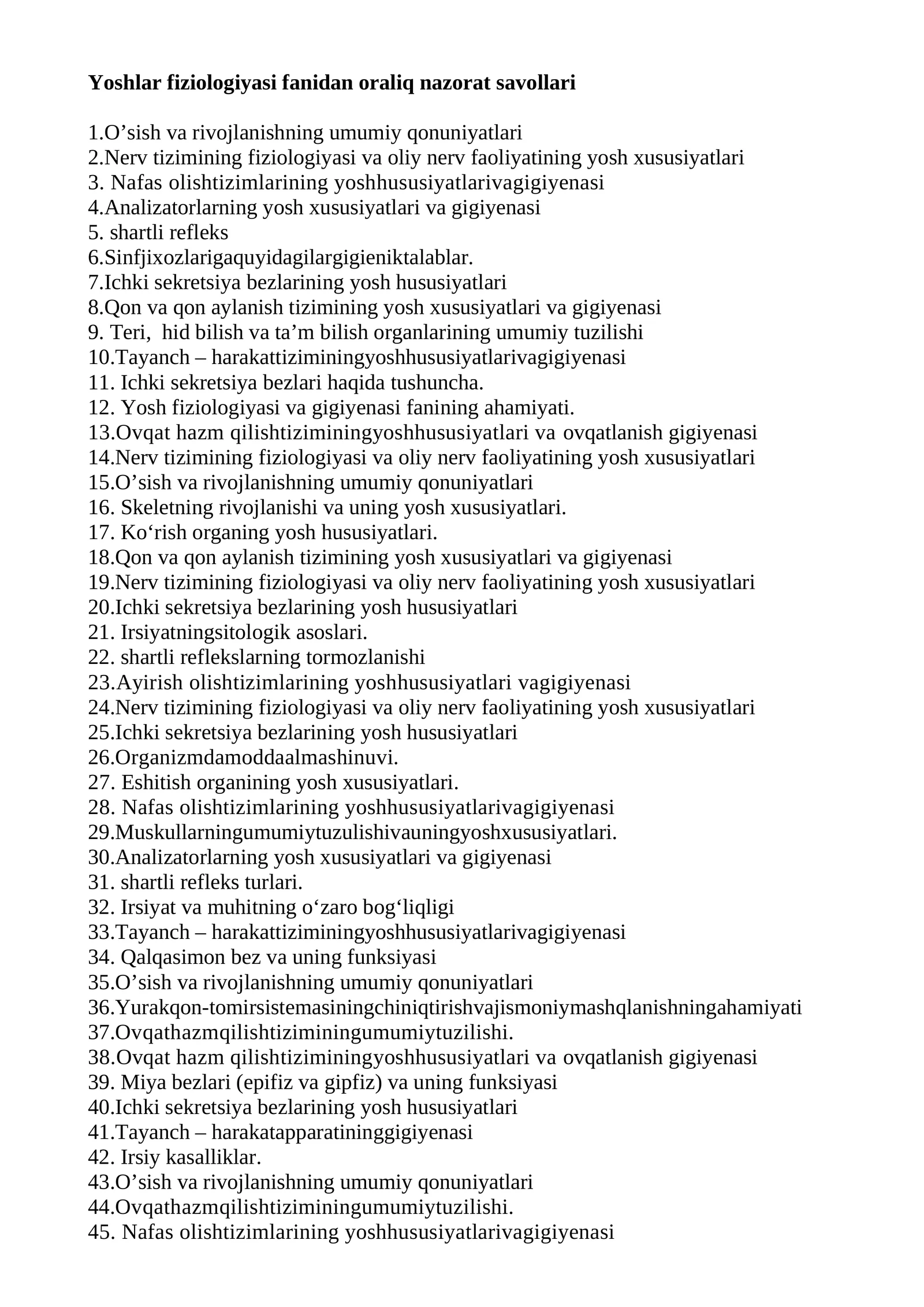 Yoshlar fiziologiyasi fanidan oraliq nazorat savollari