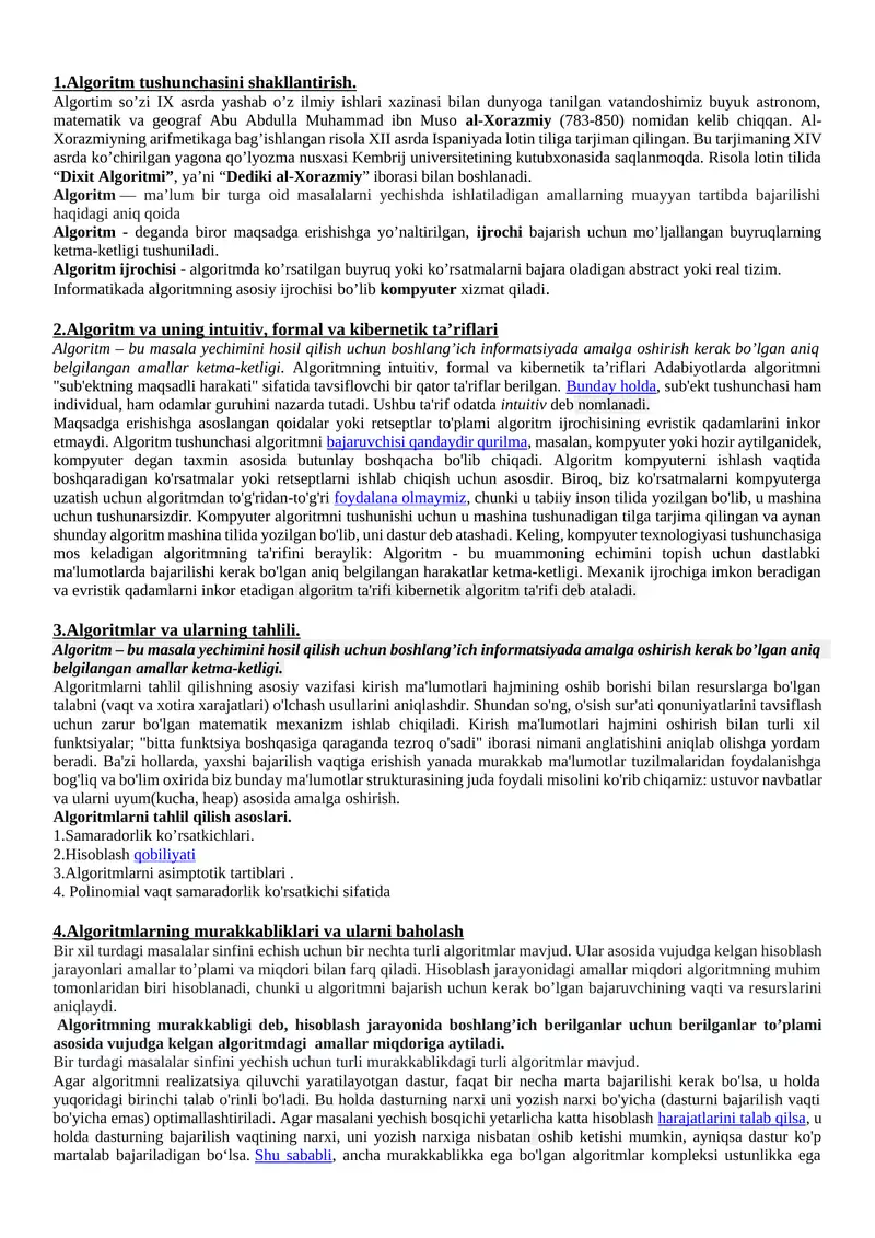 Algoritm tushunchasini shakllantirish