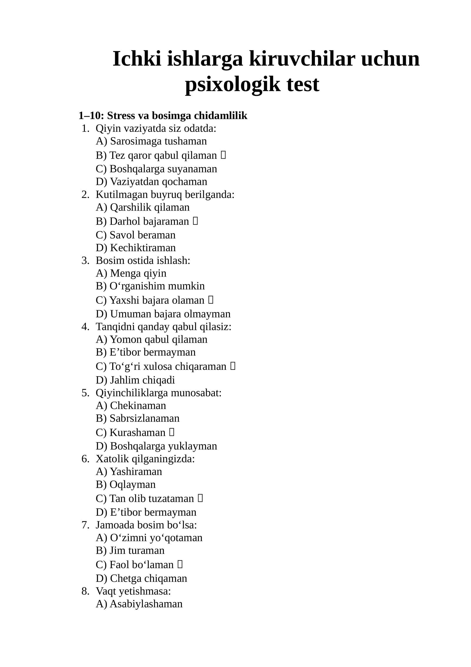 Ichki ishlarga kiruvchilar uchun psixologik test