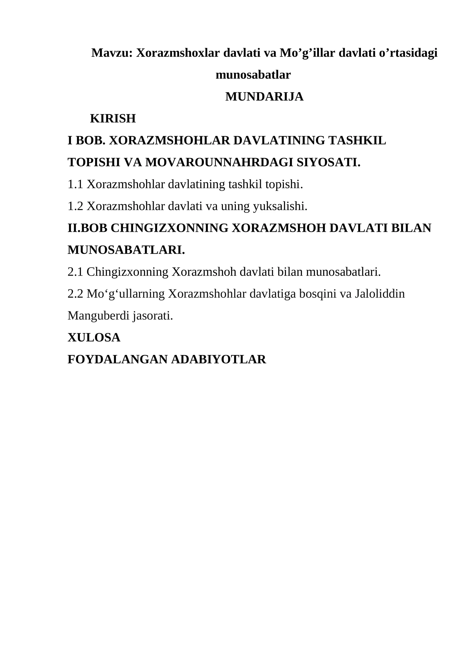 Xorazmshoxlar davlati va Mo’g’illar davlati o’rtasidagi munosabatlar