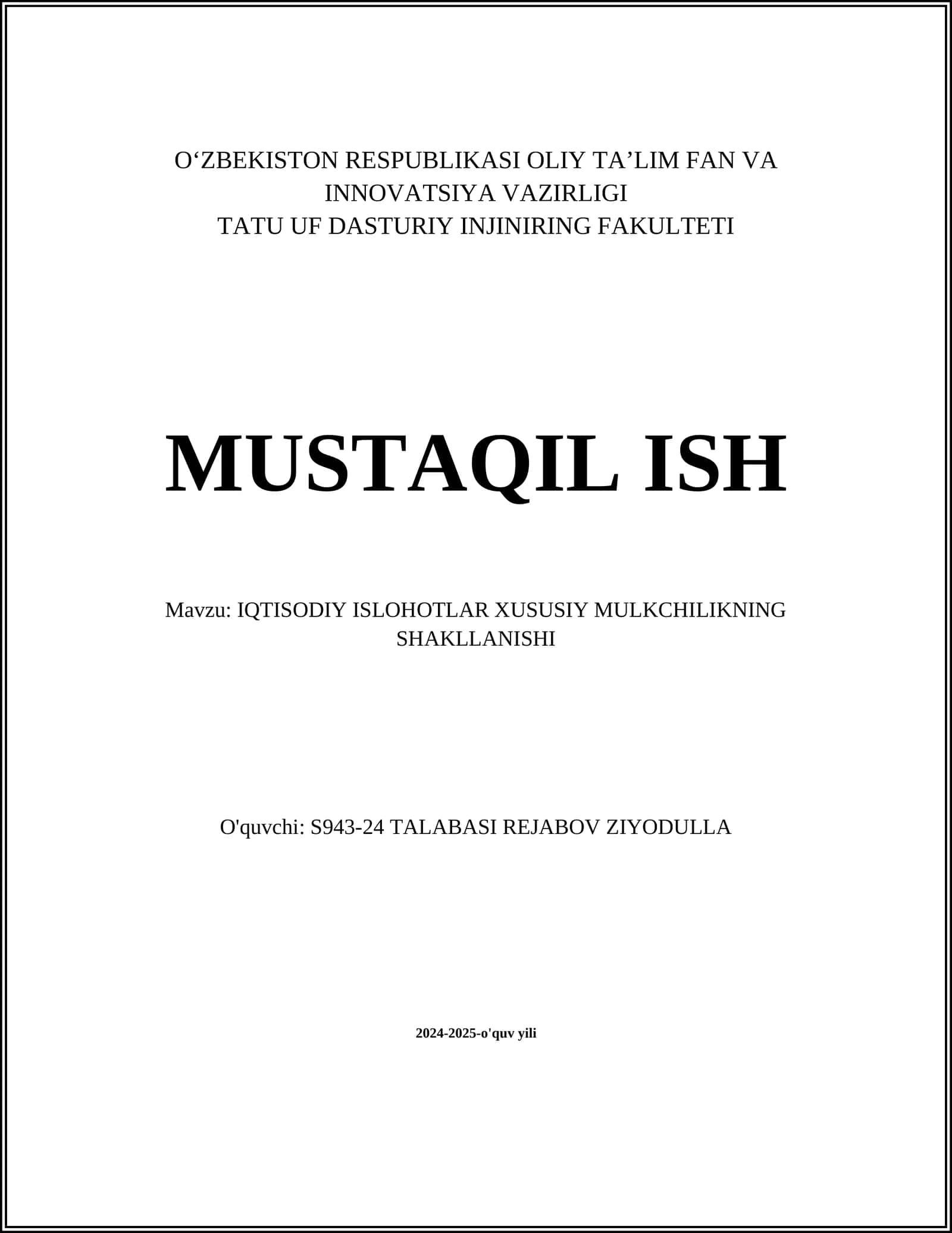 IQTISODIY ISLOHOTLAR XUSUSIY MULKCHILIKNING SHAKLLANISHI