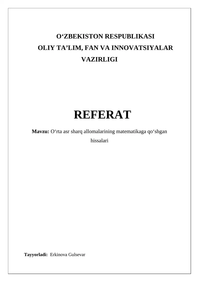 Oʻrta asr sharq allomalarining matematikaga qoʻshgan hissalari