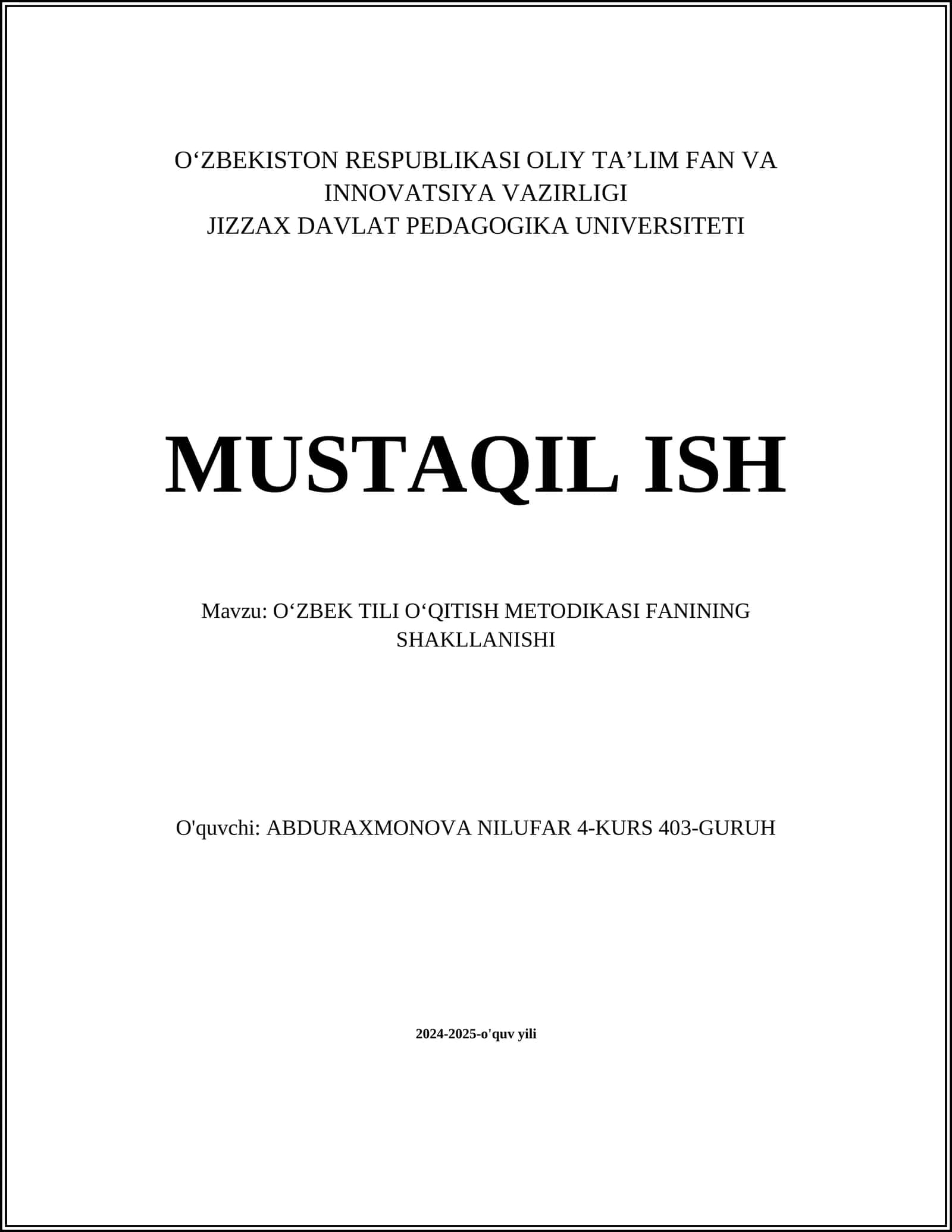 OʻZBEK TILI OʻQITISH METODIKASI FANINING SHAKLLANISHI
