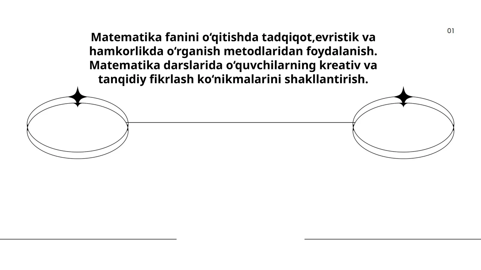 Matematika fanini o‘qitishda tadqiqot,evristik va hamkorlikda o‘rganish metodlaridan foydalanish. Matematika darslarida o‘quvchilarning kreativ va tanqidiy fikrlash ko‘nikmalarini shakllantirish