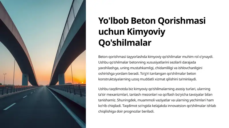 Yo'lbob Beton Qorishmasi uchun Kimyoviy Qo'shilmalar