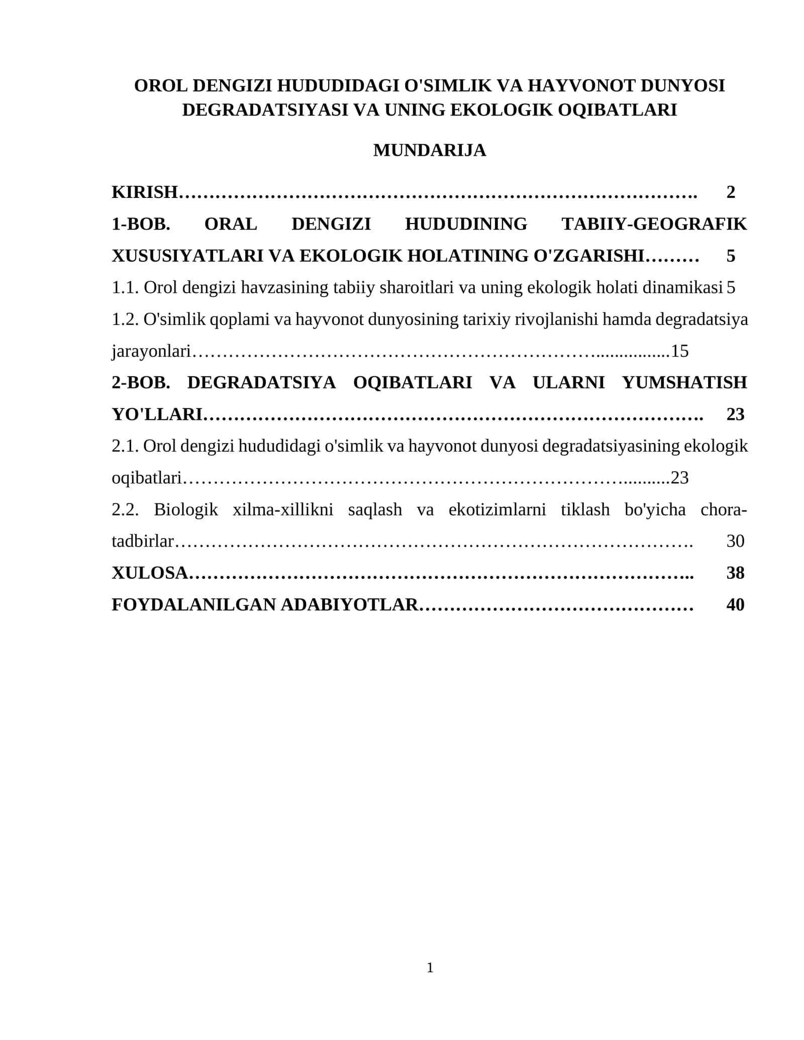 OROL DENGIZI HUDUDIDAGI O'SIMLIK VA HAYVONOT DUNYOSI DEGRADATSIYASI VA UNING EKOLOGIK OQIBATLARI