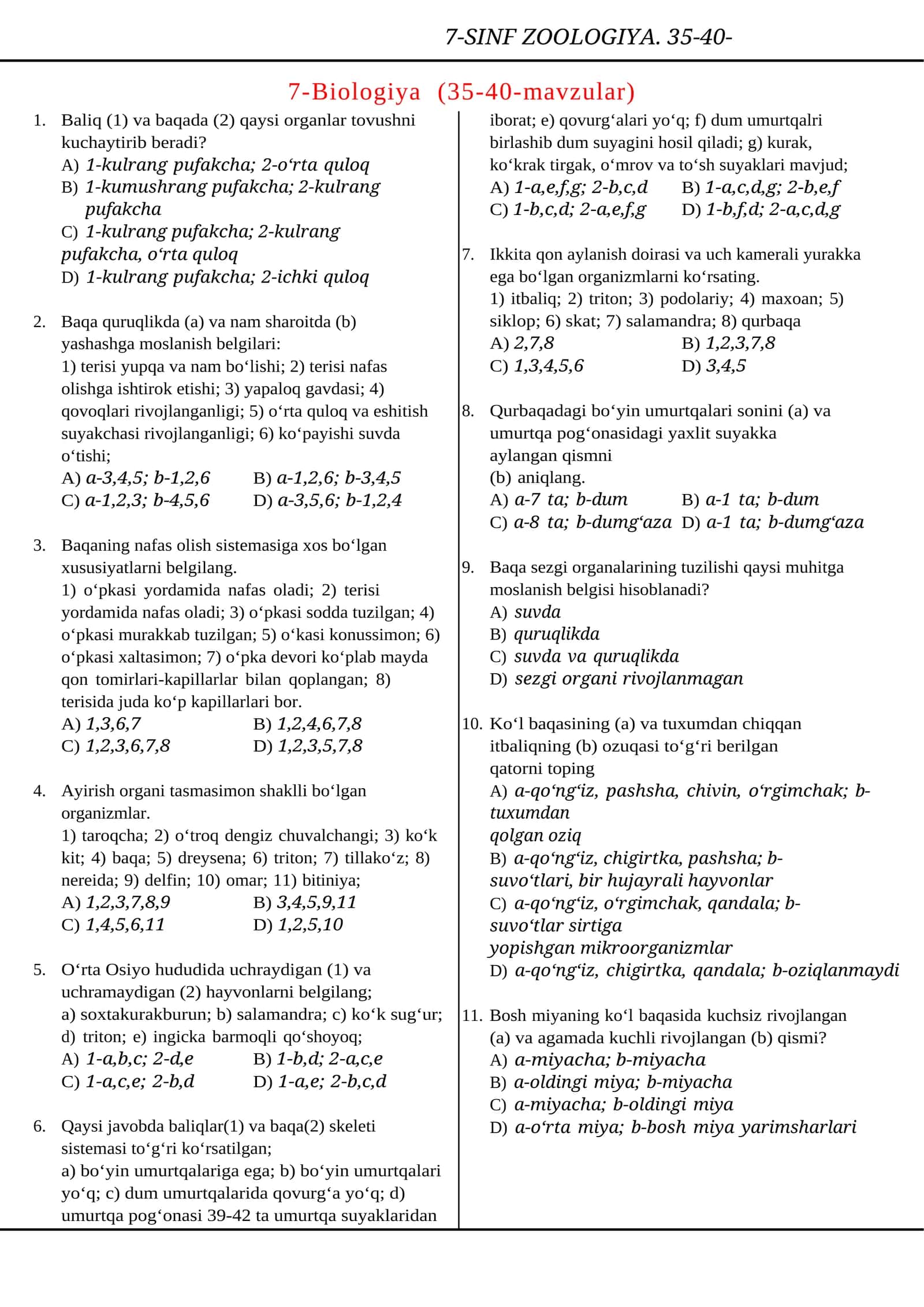 7-SINF ZOOLOGIYA. 35-40-MAVZULAR
