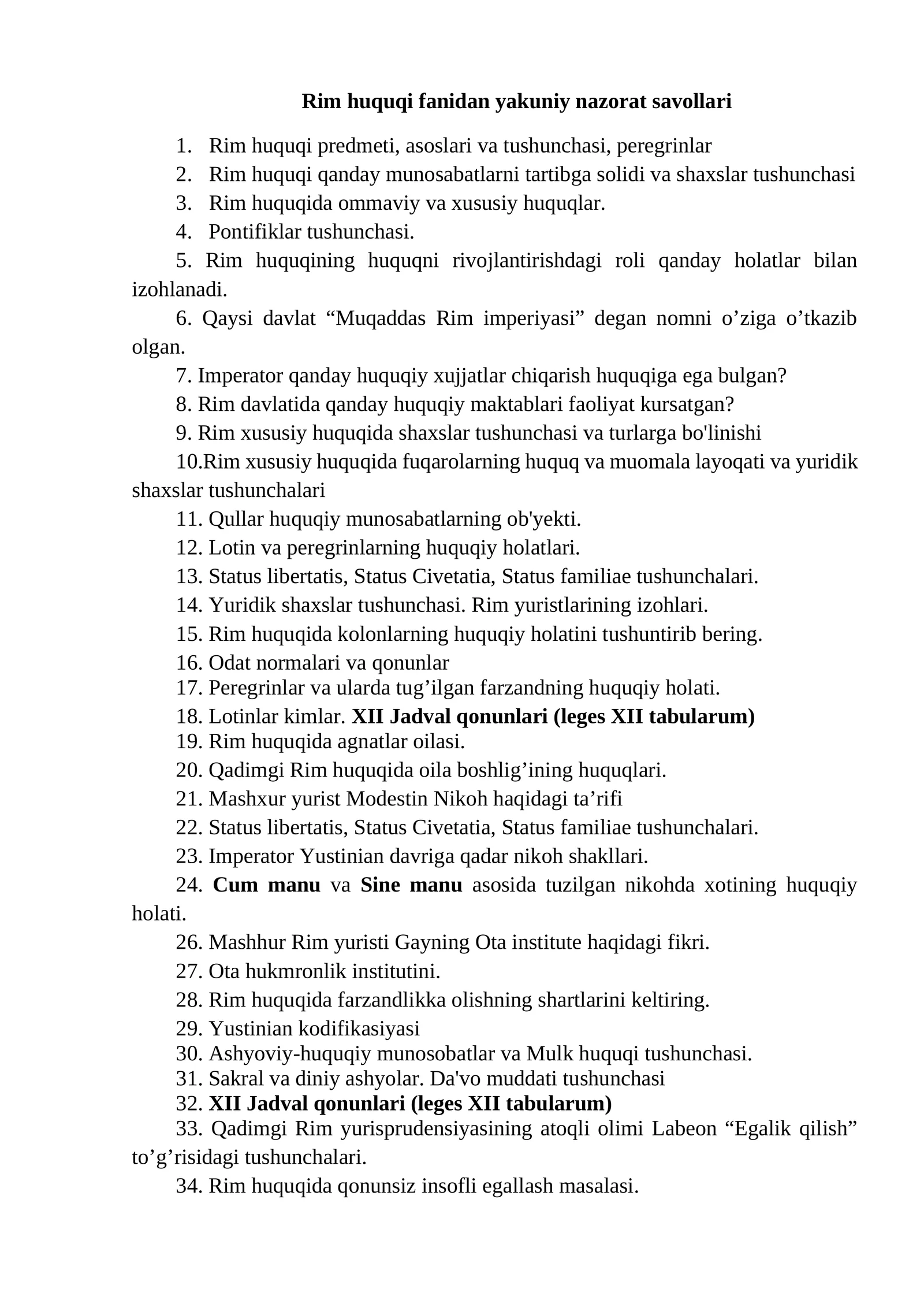 Rim huquqi fanidan yakuniy nazorat savollari
