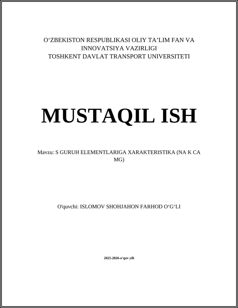 S GURUH ELEMENTLARIGA XARAKTERISTIKA (NA K CA MG)