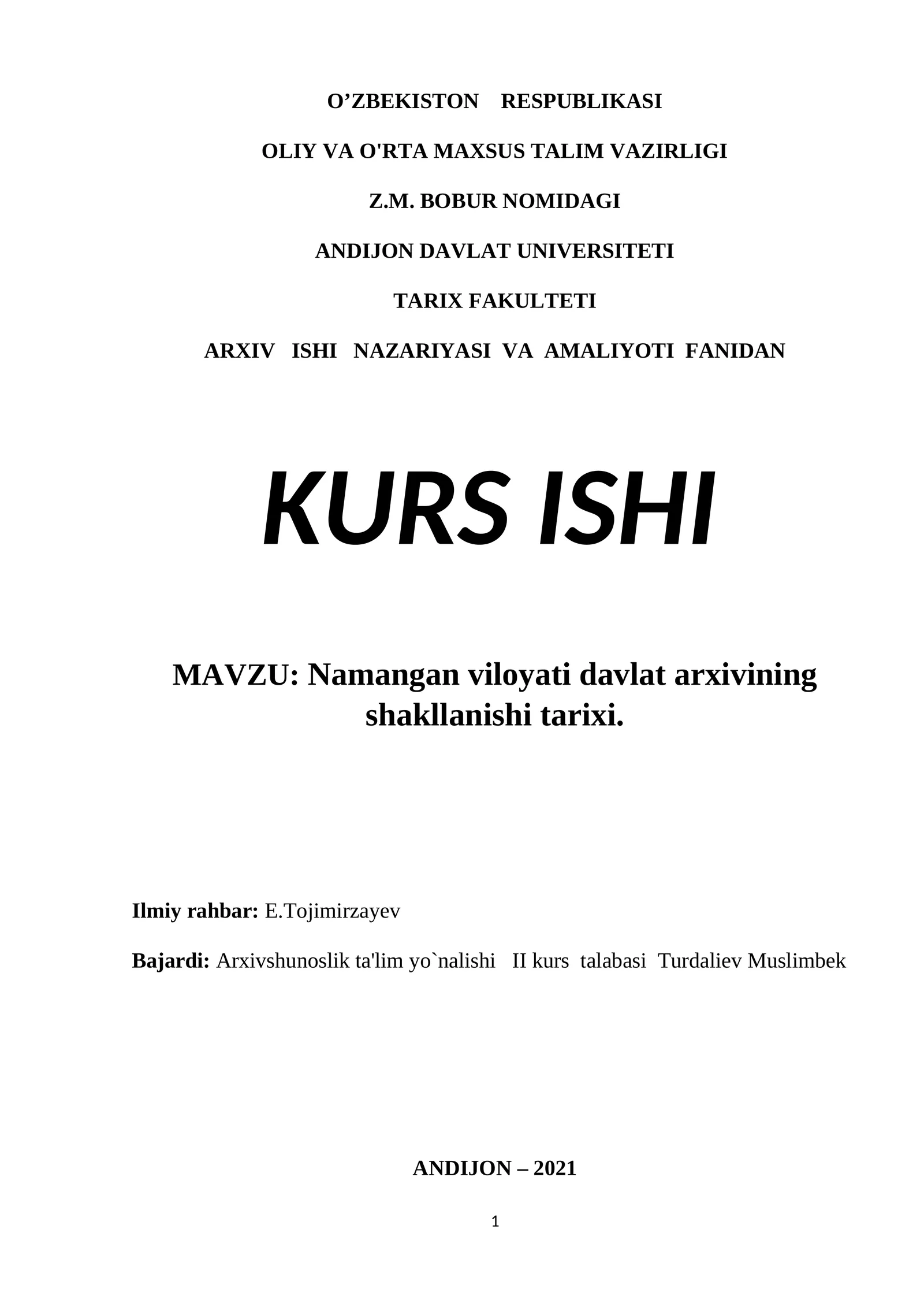 Namangan viloyati davlat arxivining shakllanishi tarixi
