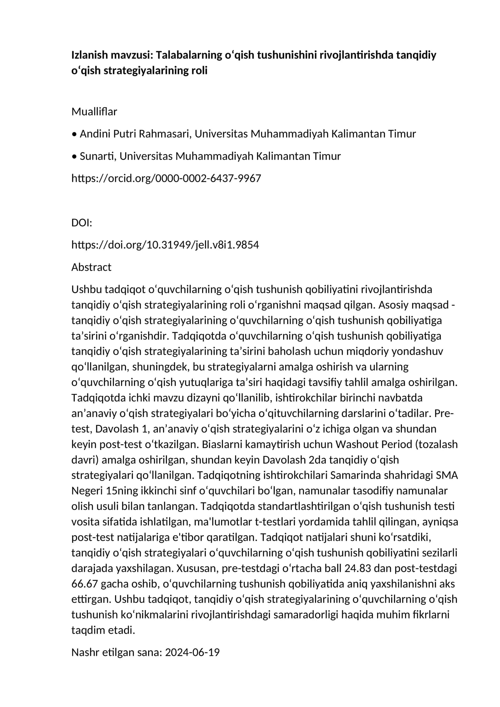 Tanqidiy o‘qish strategiyalarining roli