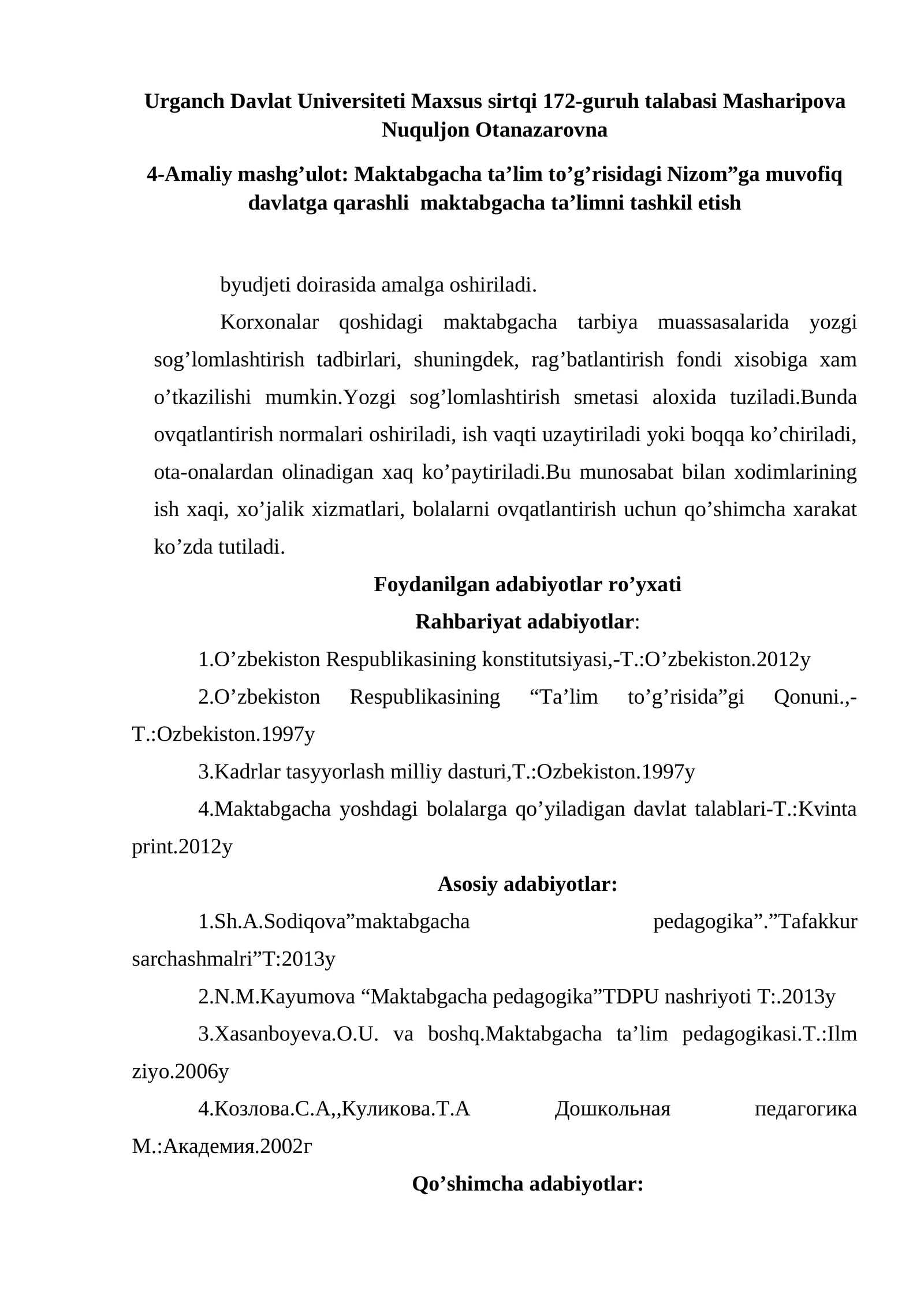 4-Amaliy mashg’ulot: Maktabgacha ta’lim to’g’risidagi Nizom