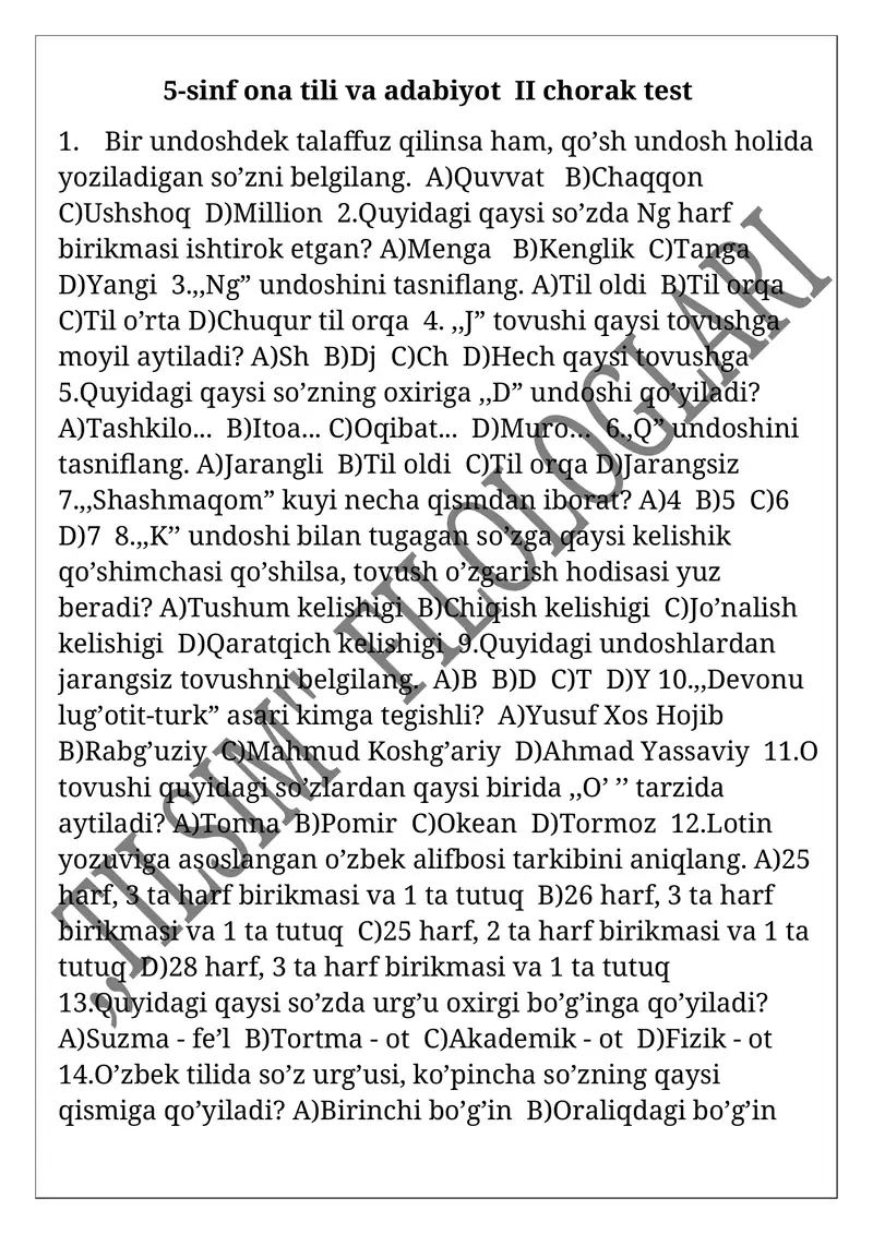 5) sinf ona tili va adabiyot II chorak test