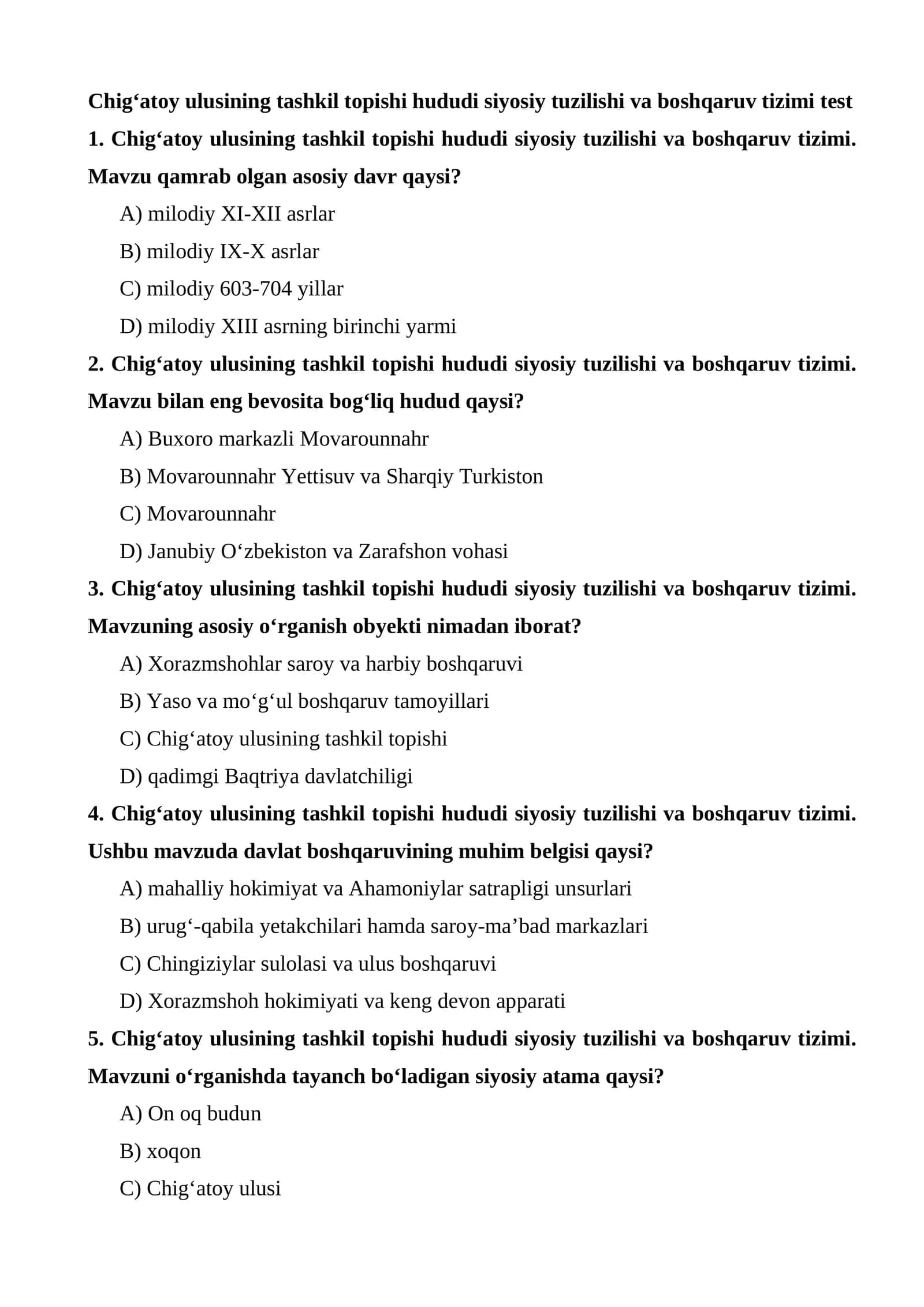 Chig‘atoy ulusining tashkil topishi hududi siyosiy tuzilishi va boshqaruv tizimi