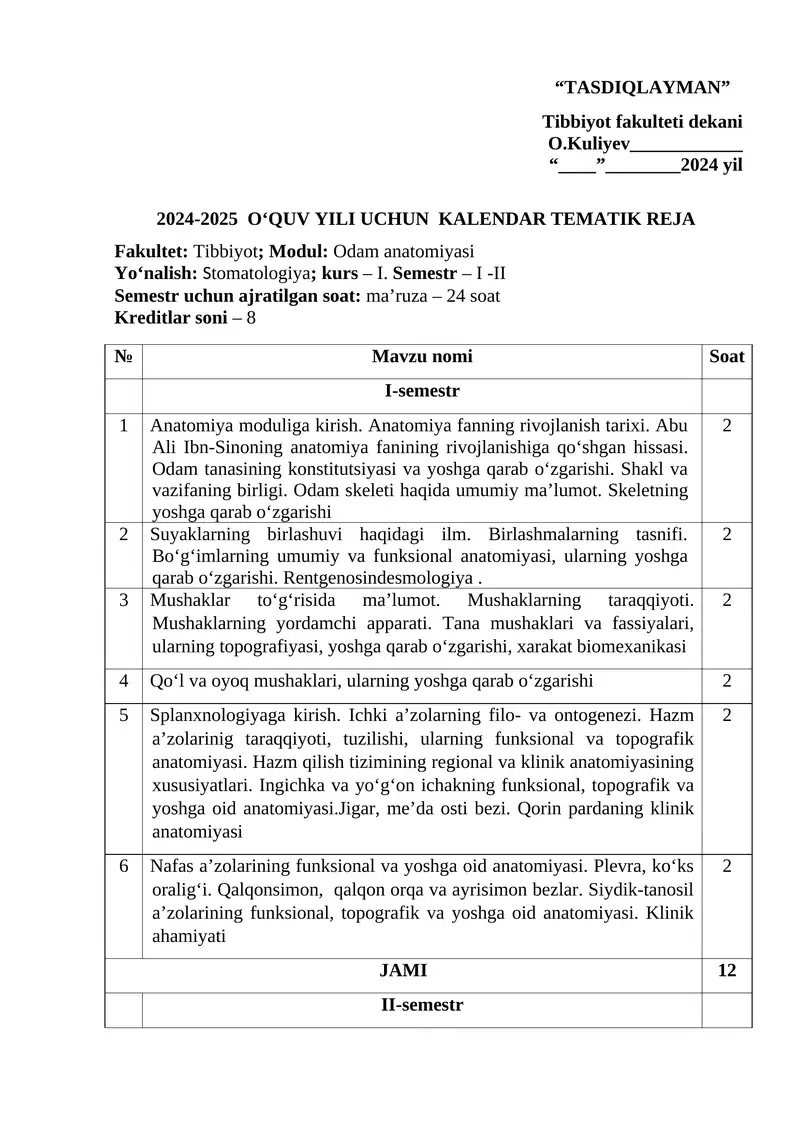 2024-2025 O‘QUV YILI UCHUN KALENDAR TEMATIK REJA