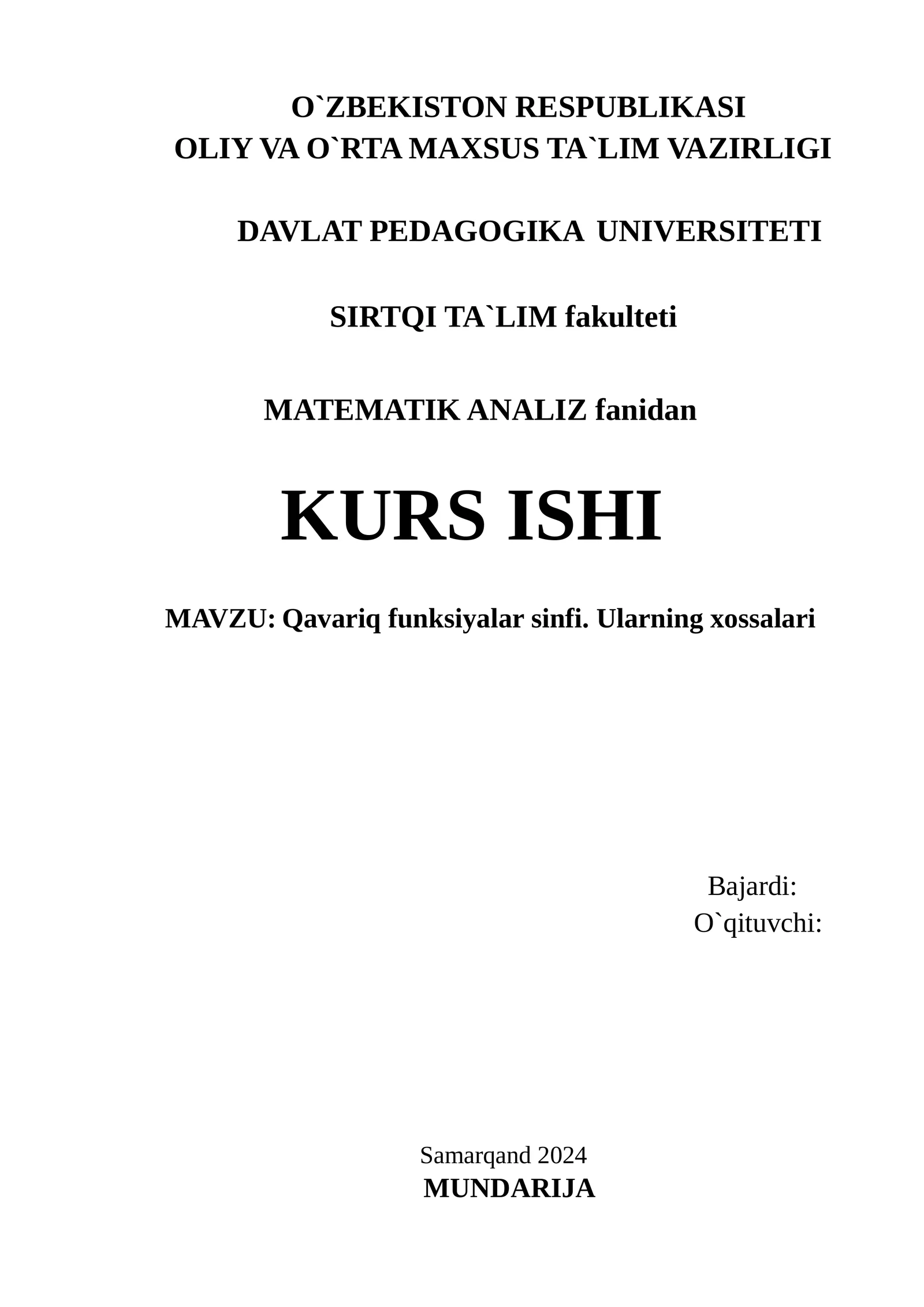Qavariq funksiyalar sinfi. Ularning xossalari