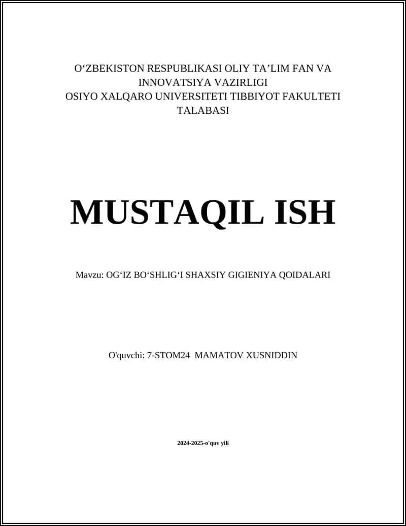 OGʻIZ BOʻSHLIGʻI SHAXSIY GIGIENIYA QOIDALARI