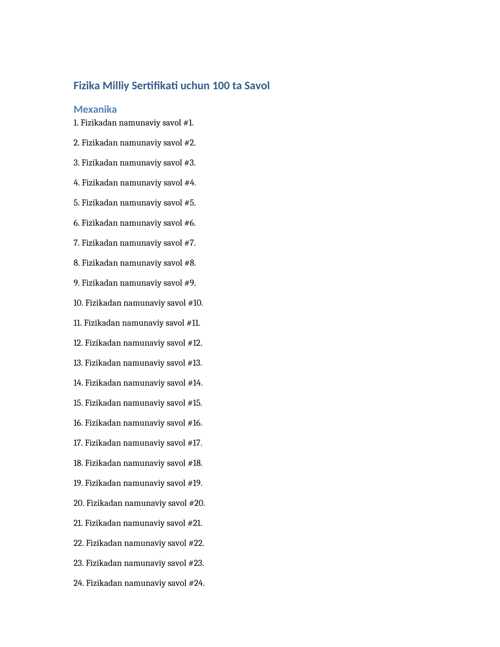Fizika Milliy Sertifikati uchun 100 ta Savol