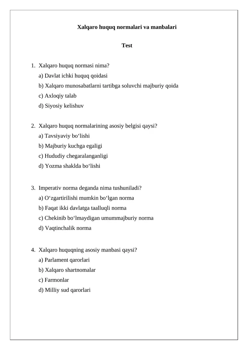 Xalqaro huquq normalari va manbalari
