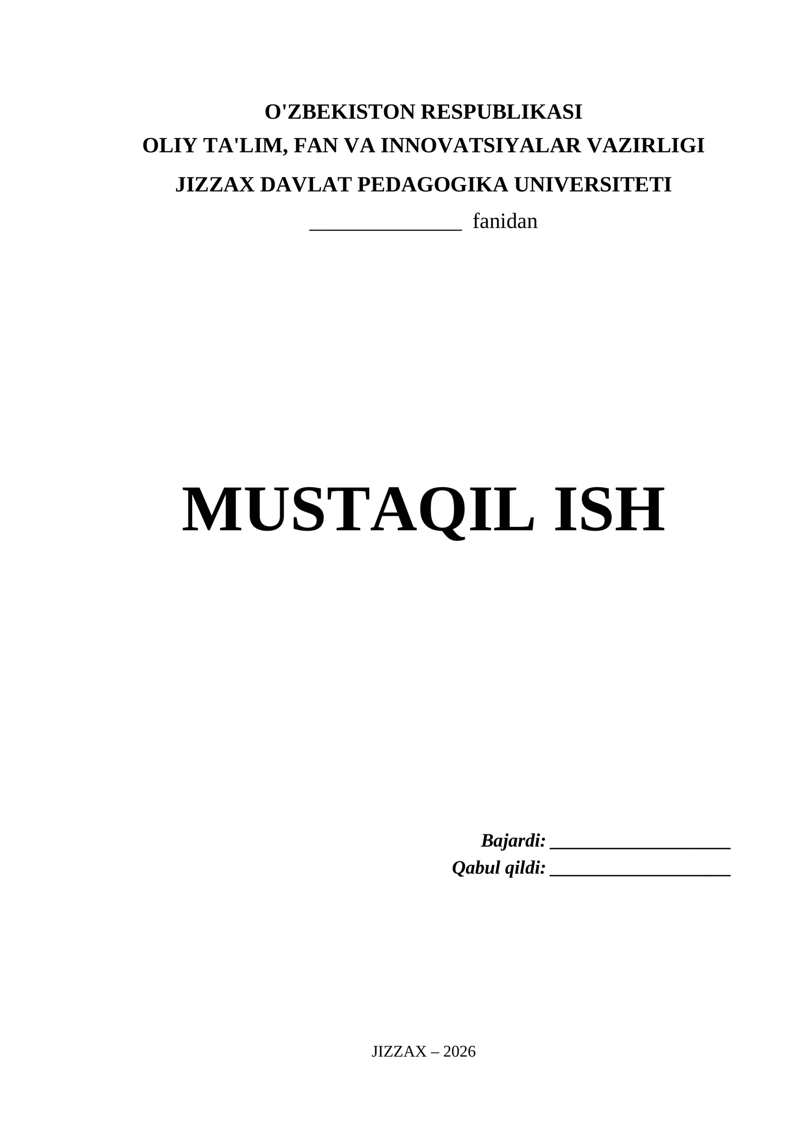 Jizzax Davlat Pedagogika Universiteti Mustaqil Ish Titul Varaq (.docx)