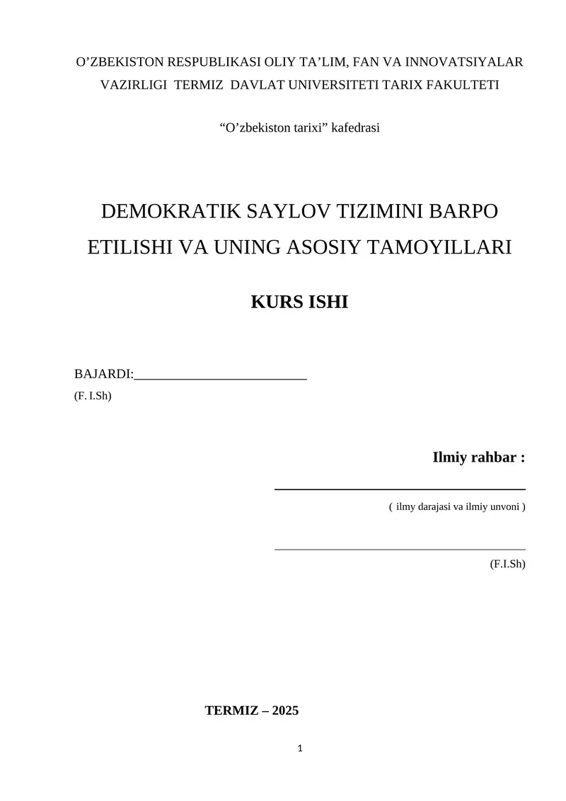 DEMOKRATIK SAYLOV TIZIMINI BARPO ETILISHI VA UNING ASOSIY TAMOYILLARI