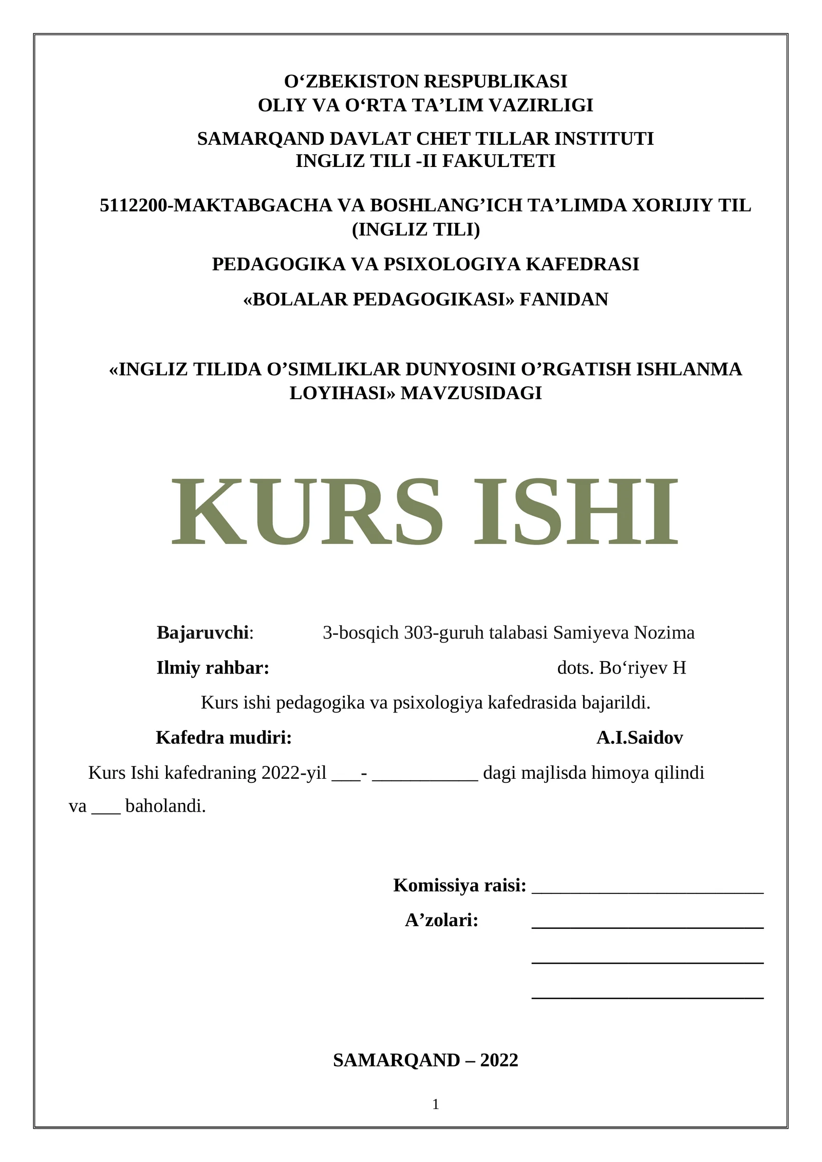 INGLIZ TILIDA O’SIMLIKLAR DUNYOSINI O’RGATISH ISHLANMA LOYIHASI