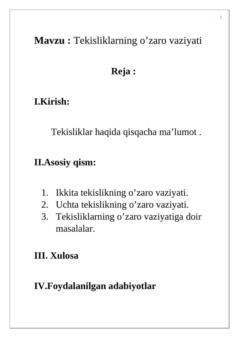 Tekisliklarning o’zaro vaziyati