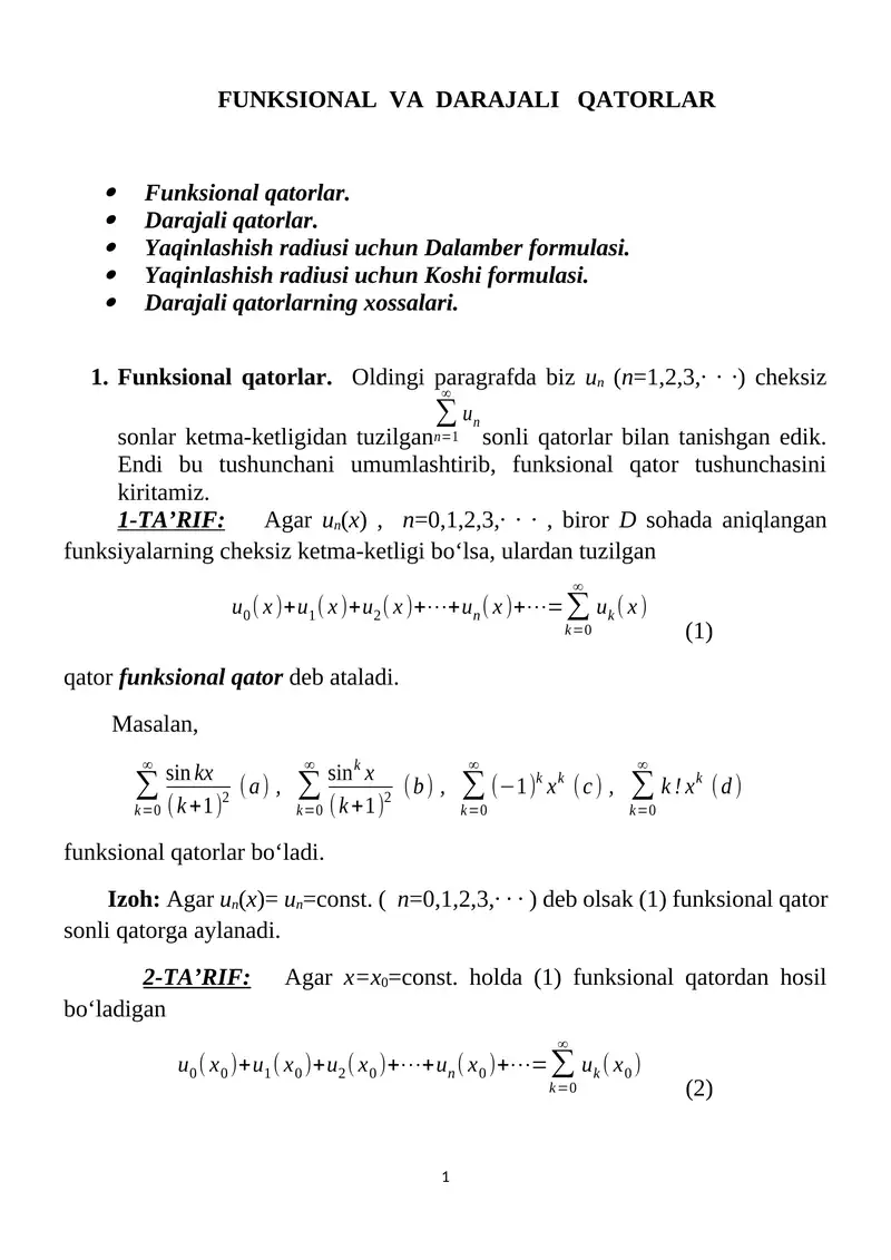 Funksional va DARAJALI QATORLAR