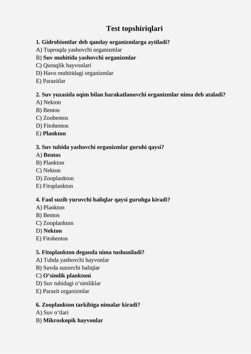 Gidrobiont organizmlar va ularning guruhlari