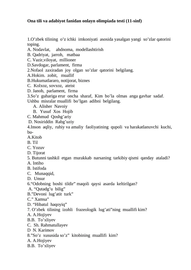 Ona tili va adabiyot fanidan onlayn olimpiada testi (11-sinf)