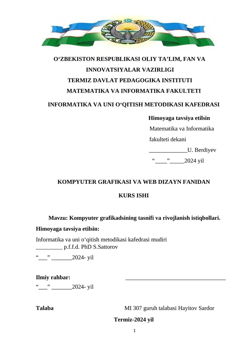 Kompyuter grafikadsining tasnifi va rivojlanish istiqbollari