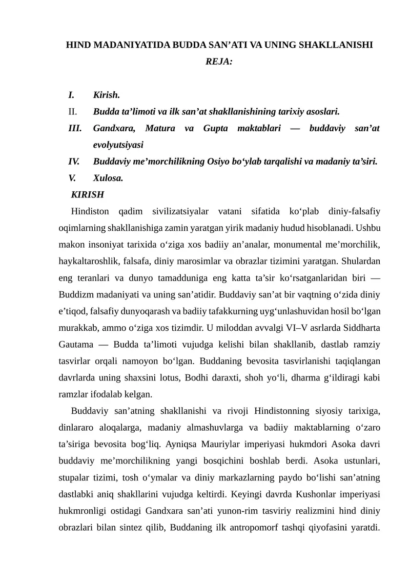 HIND MADANIYATIDA BUDDA SAN’ATI VA UNING SHAKLLANISHI