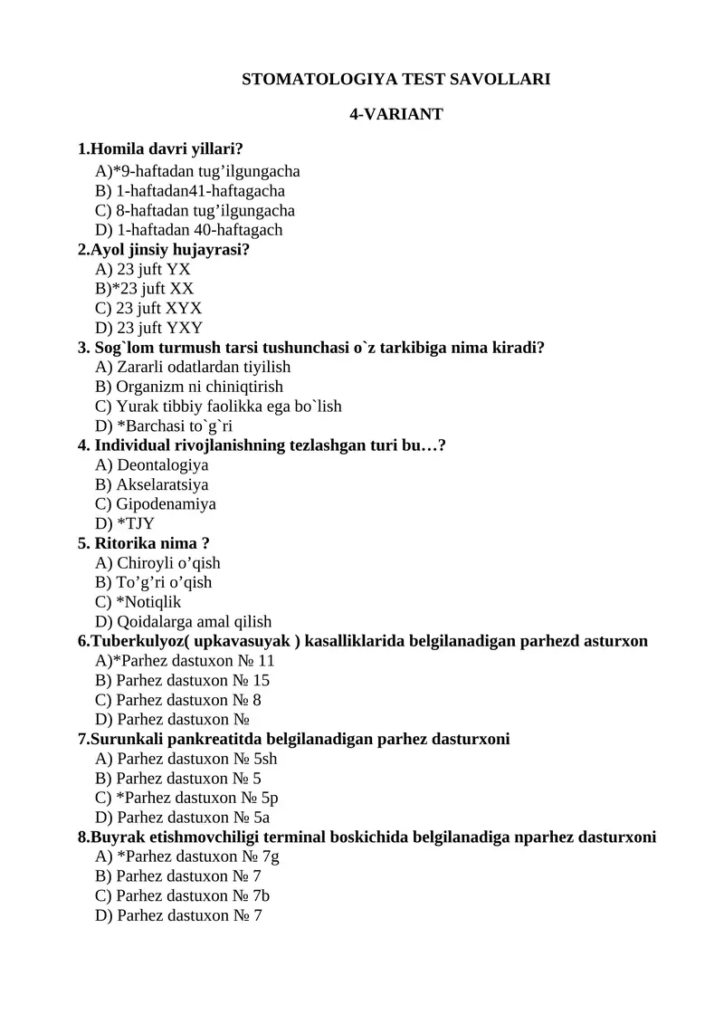 STOMATOLOGIYA TEST SAVOLLARI