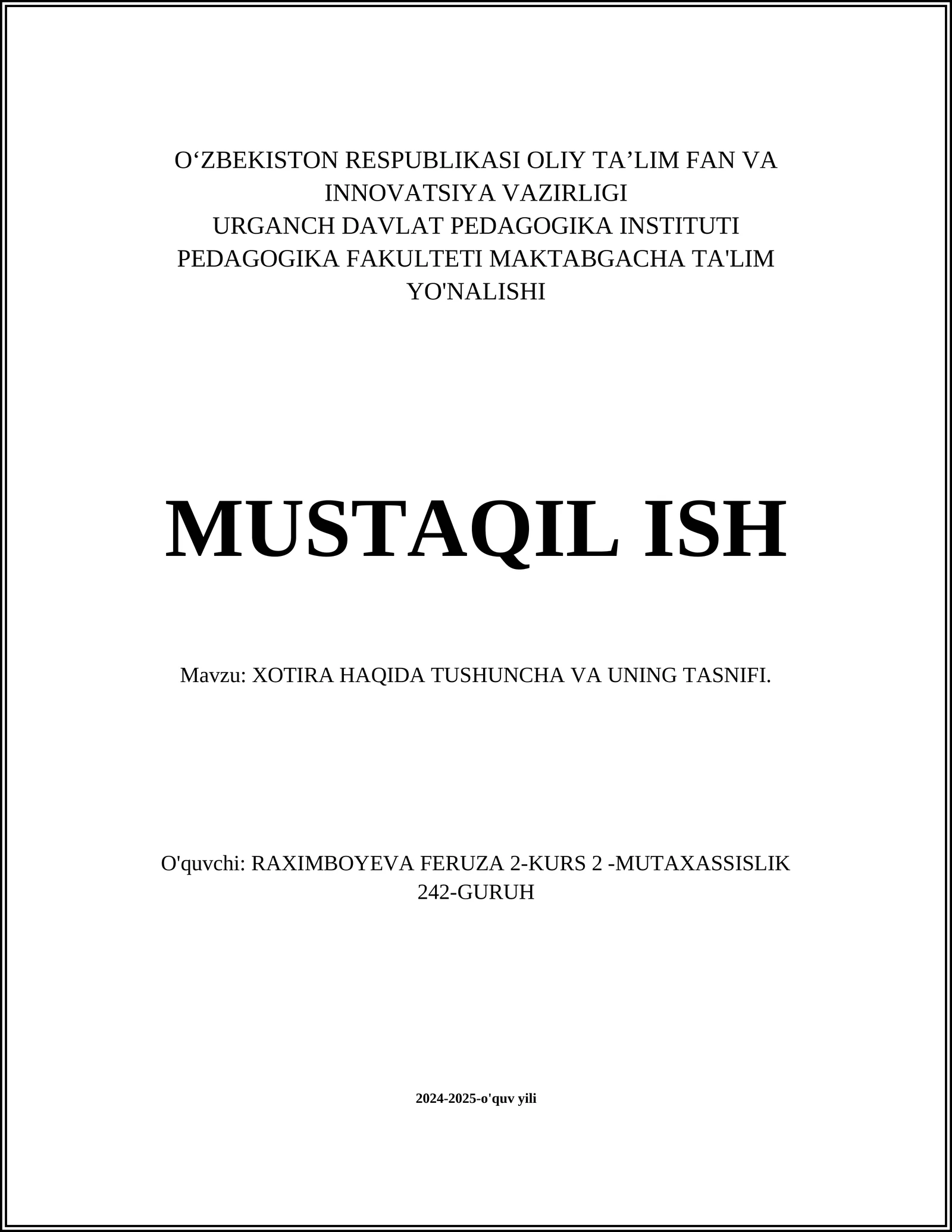 XOTIRA HAQIDA TUSHUNCHA VA UNING TASNIFI