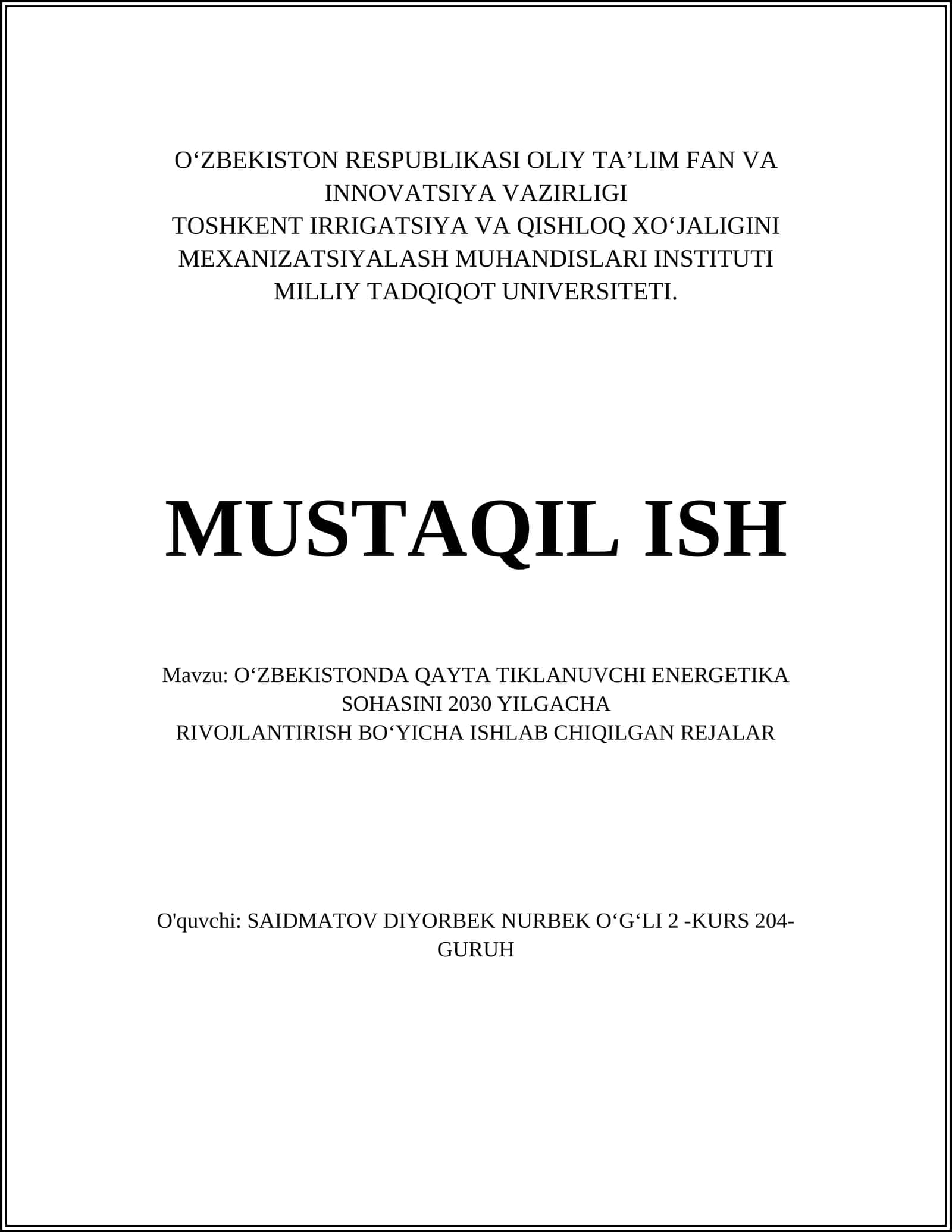 O‘ZBEKISTONDA QAYTA TIKLANUVCHI ENERGETIKA SOHASINI 2030 YILGACHA RIVOJLANTIRISH BO‘YICHA ISHLAB CHIQILGAN REJALAR