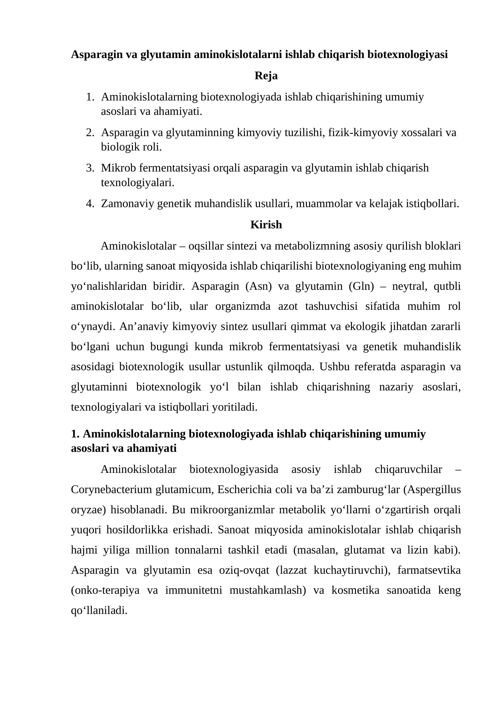 Asparagin va glyutamin aminokislotalarni ishlab chiqarish biotexnologiyasi