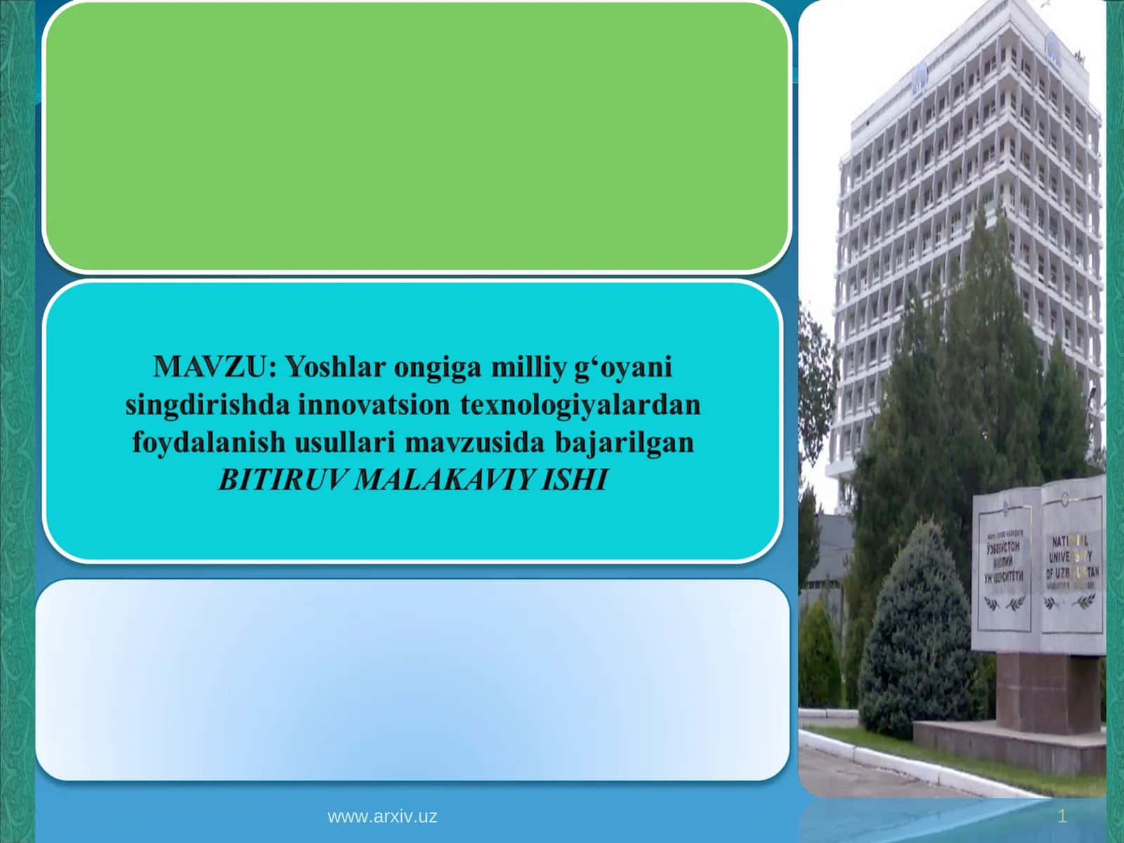 BOB. MILLIY G‘OYANI YOSHLAR ONGIGA SINGDIRISHDA YANGICHA TEXNIKA VA TEXNOLOGIYALARNING O‘RNI