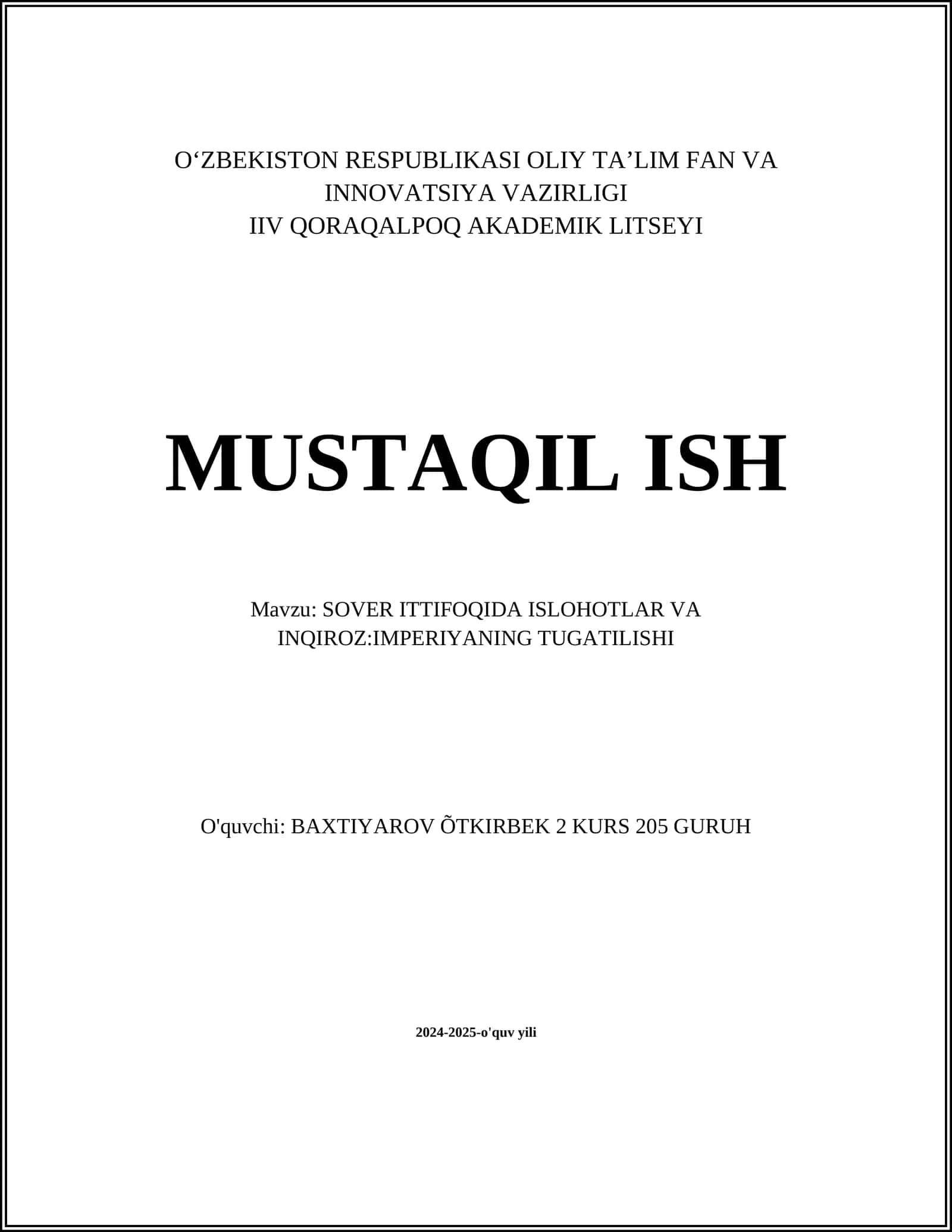 SOVER ITTIFOQIDA ISLOHOTLAR VA INQIROZ:IMPERIYANING TUGATILISHI