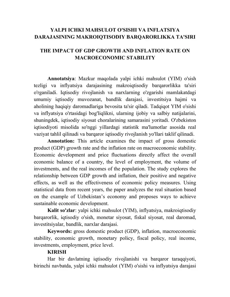 YALPI ICHKI MAHSULOT O'SISHI VA INFLATSIYA DARAJASINING MAKROIQTISODIY BARQARORLIKKA TA'SIRI