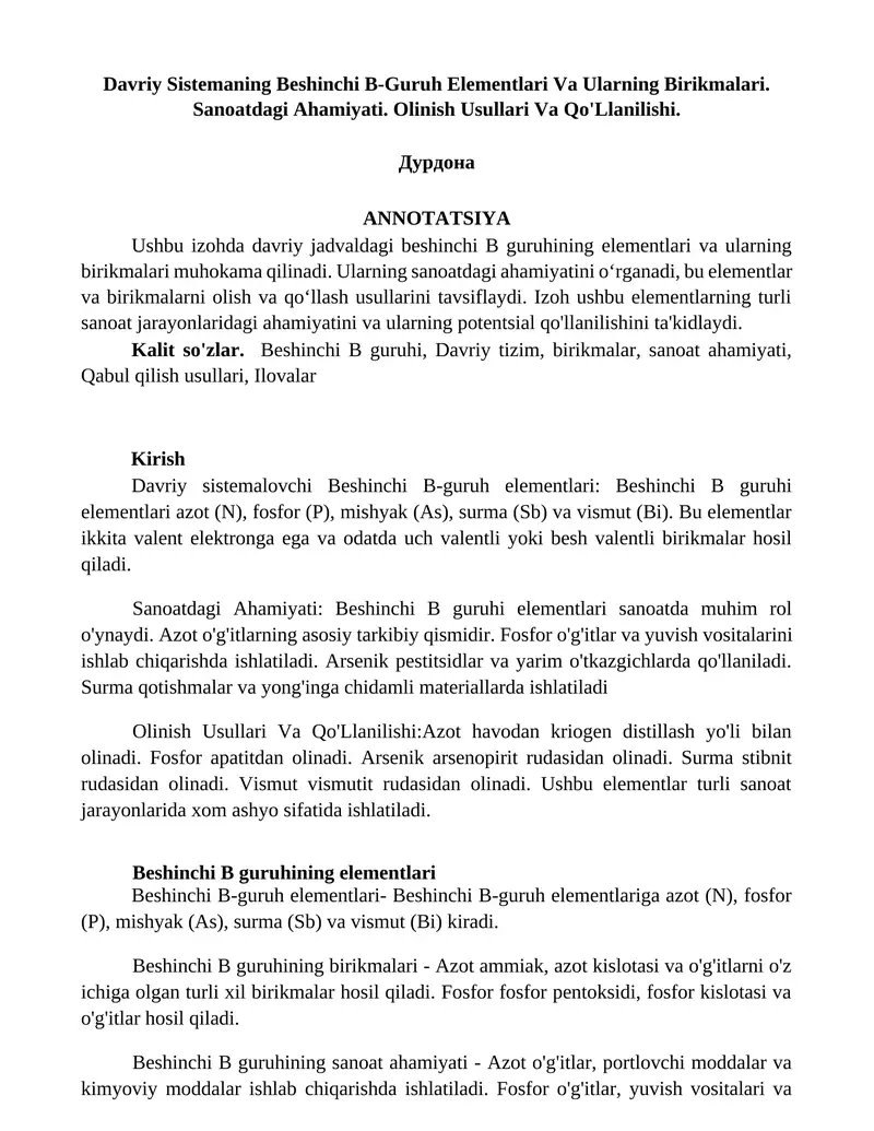 Davriy Sistemaning Beshinchi B-Guruh Elementlari Va Ularning Birikmalari