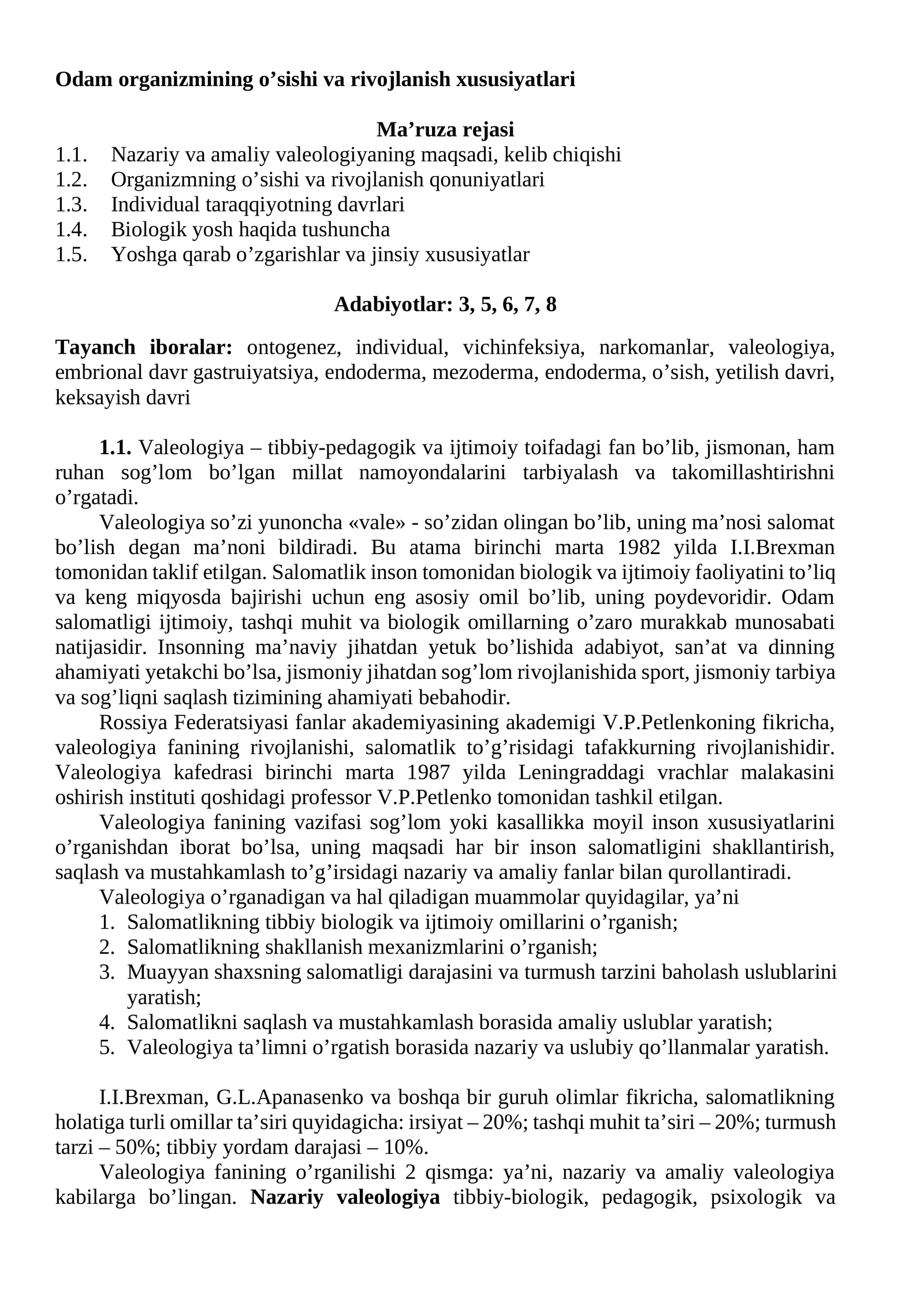 Odam organizmining o’sishi va rivojlanish xususiyatlari