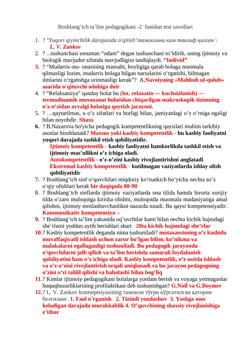 Boshlang‘ich ta’lim pedagogikasi -2 fanidan test savollari