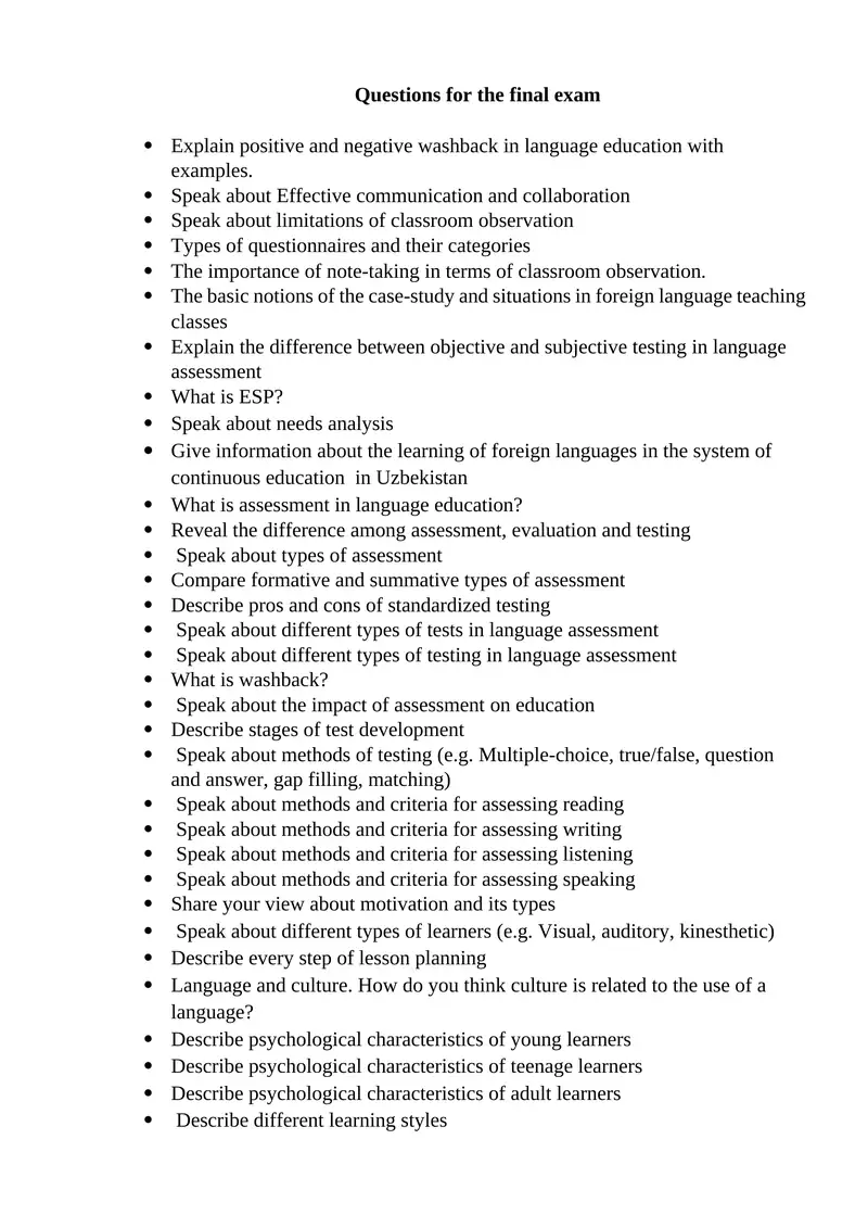Questions for the final exam