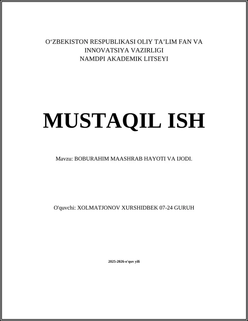 Boburahim Maashrab Hayoti va Ijodi