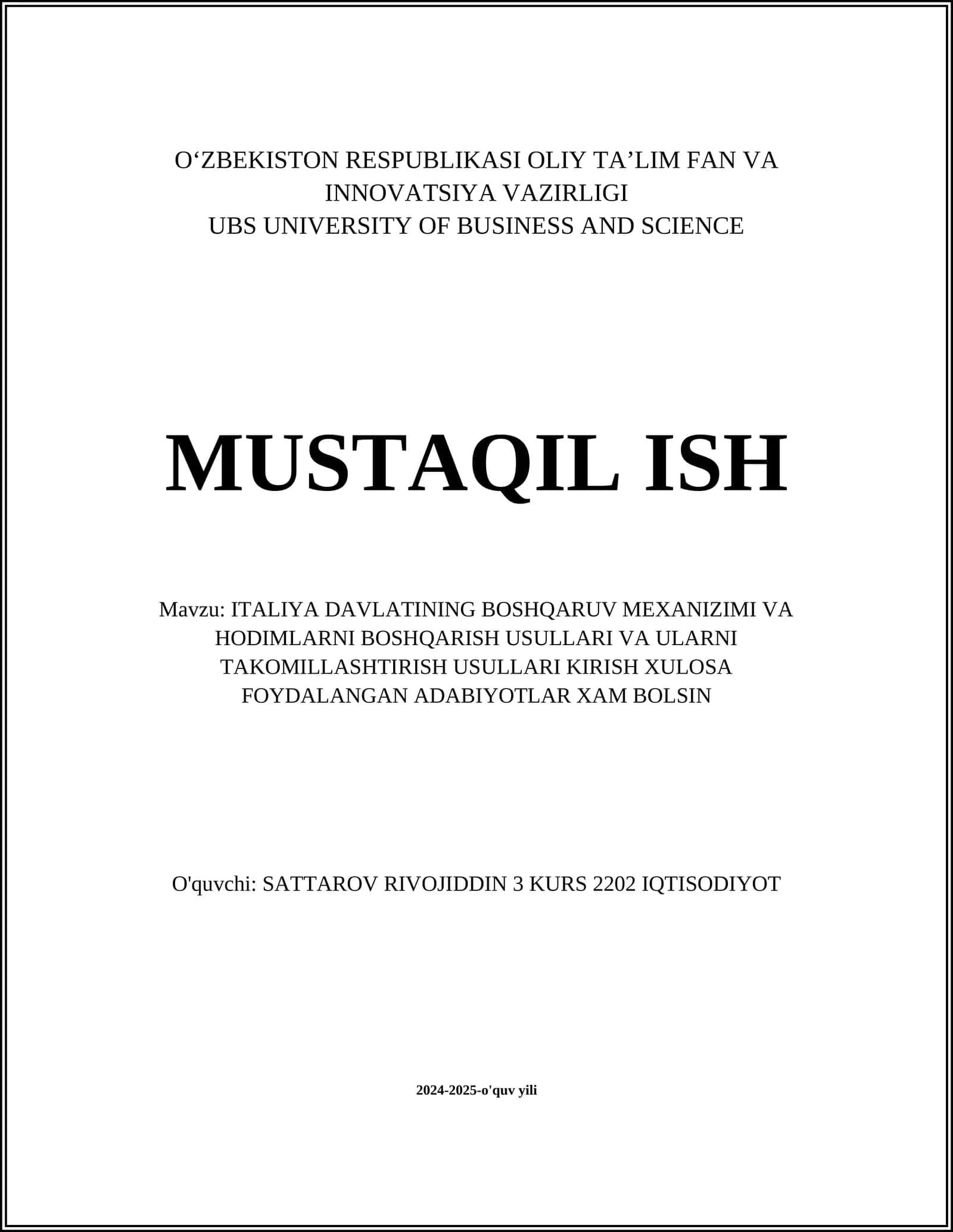 ITALIYA DAVLATINING BOSHQARUV MEXANIZIMI VA HODIMLARNI BOSHQARISH USULLARI VA ULARNI TAKOMILLASHTIRISH USULLARI